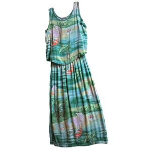 Vtg‎ Tropical Nino Wong CA Women M Button Closure Skirt Watercolor Tank Top Set